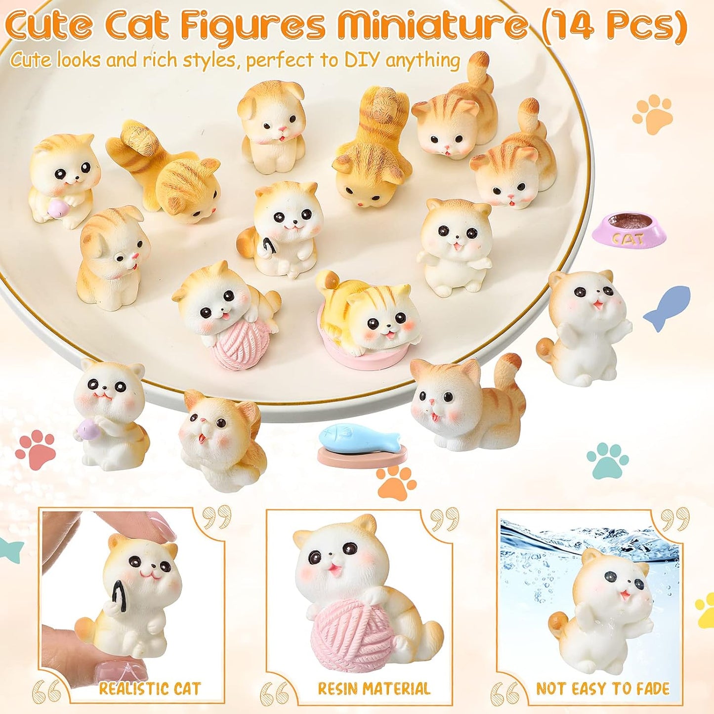 14 figuras gato mini adornos tartas resina impermeable marrón claro