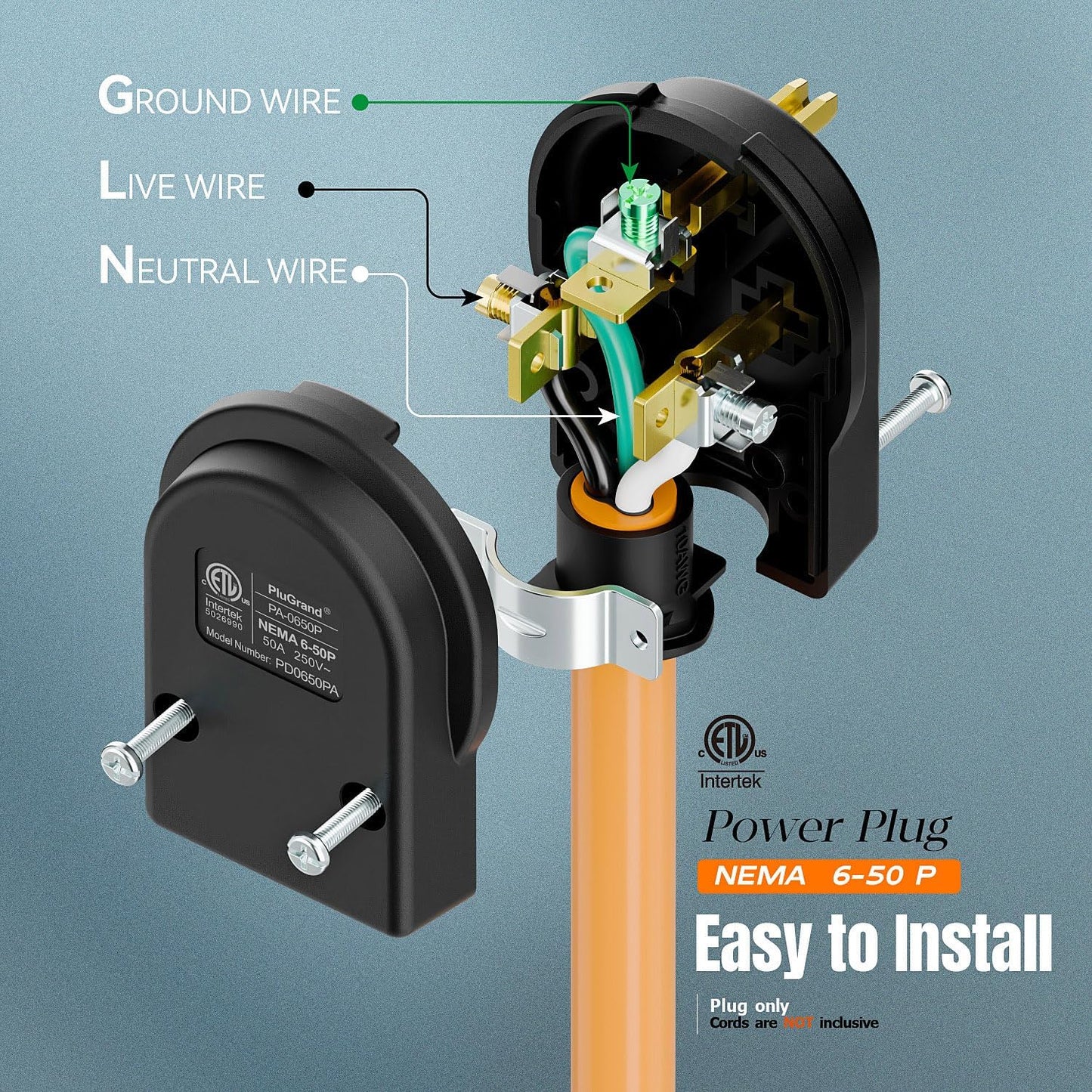 Enchufe NEMA 6-50P 50A/250V conector cable soldador negro