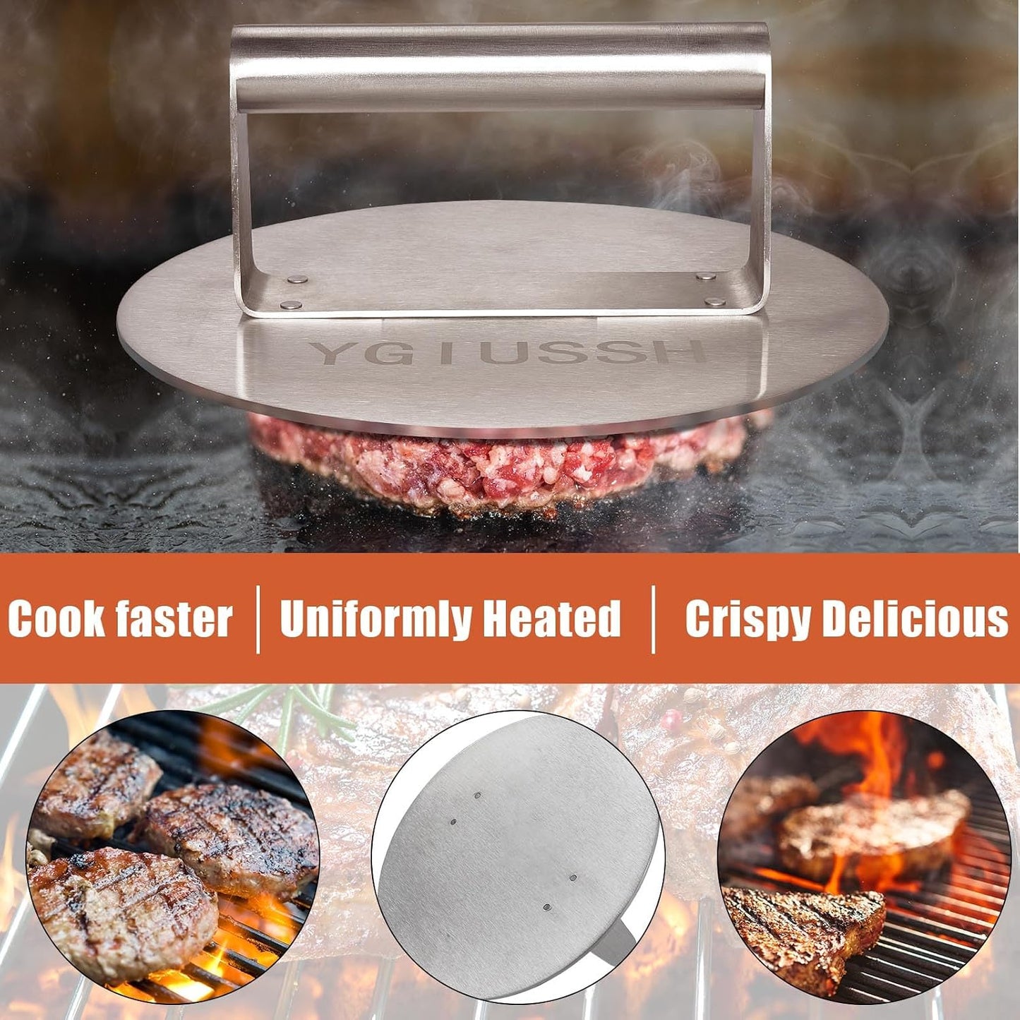 Prensa tocino acero inox 8.7pulg antiadherente con mango