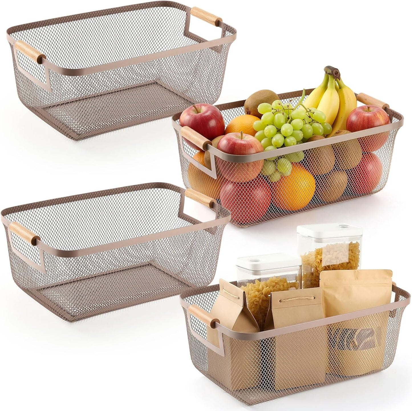 Canasta metálica con mango madera para cocina y almacén 4 Pzas