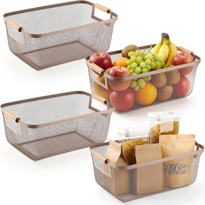 Canasta metálica con mango madera para cocina y almacén 4 Pzas