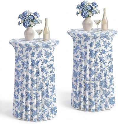 Mantel elástico redondo para mesa de cóctel 32 x 43 pulgadas azul floral