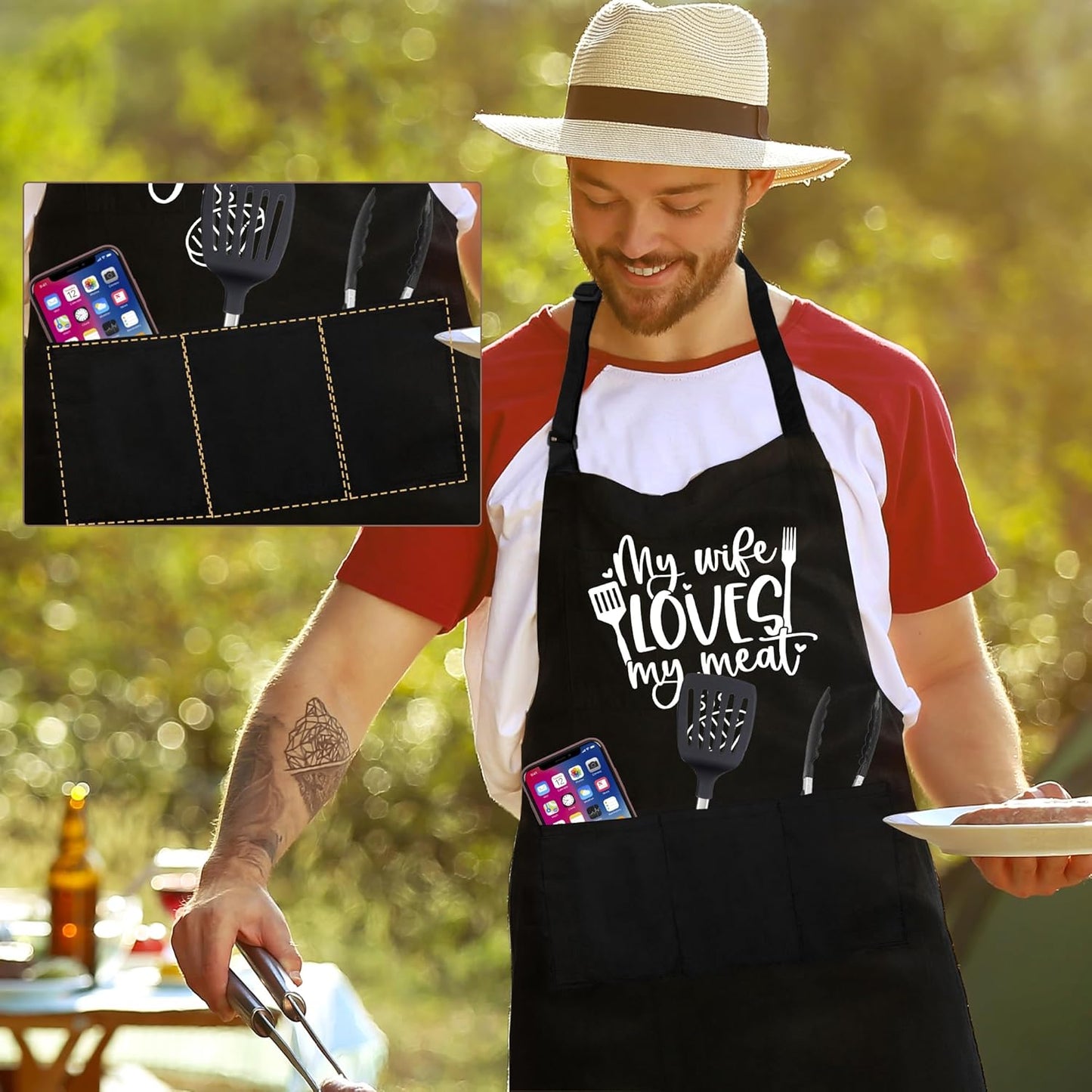 Delantal de parrilla para hombre con bolsillos grandes y ajustable