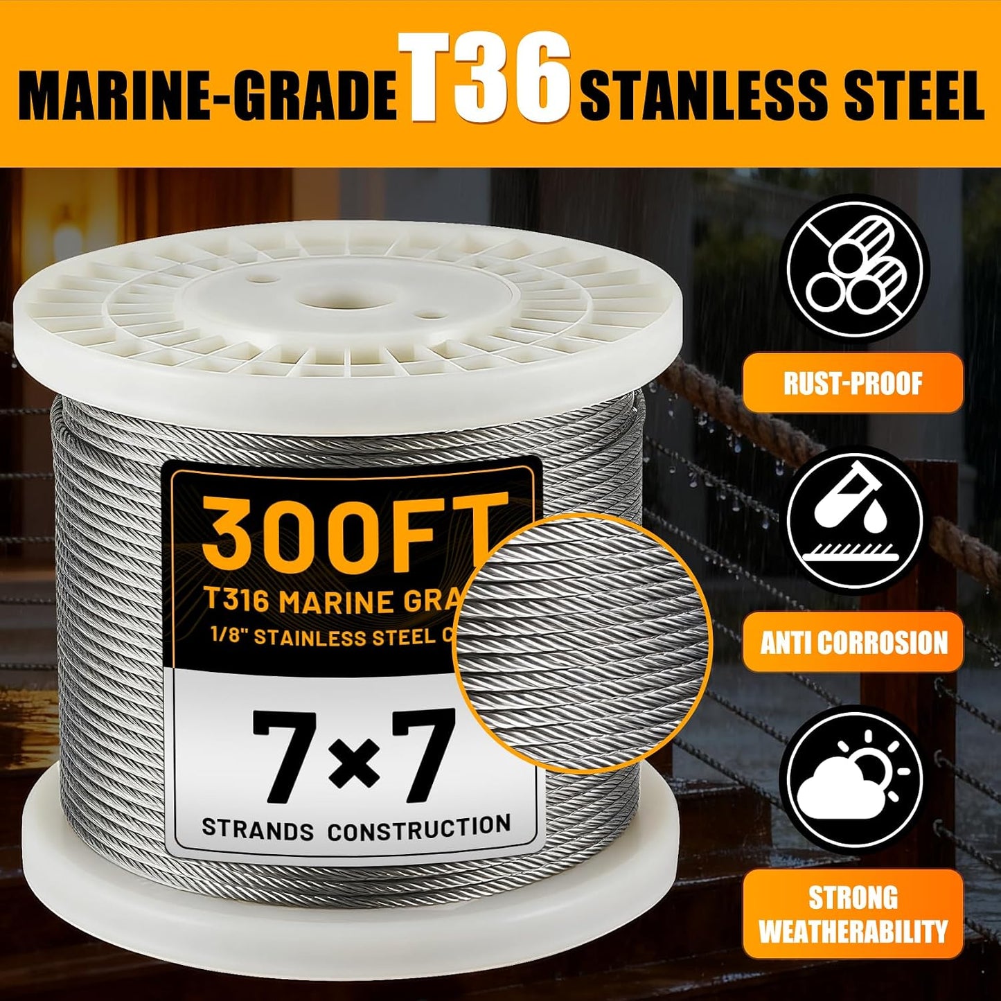 Cable acero inox T316 300ft 1/8pulg para barandilla valla