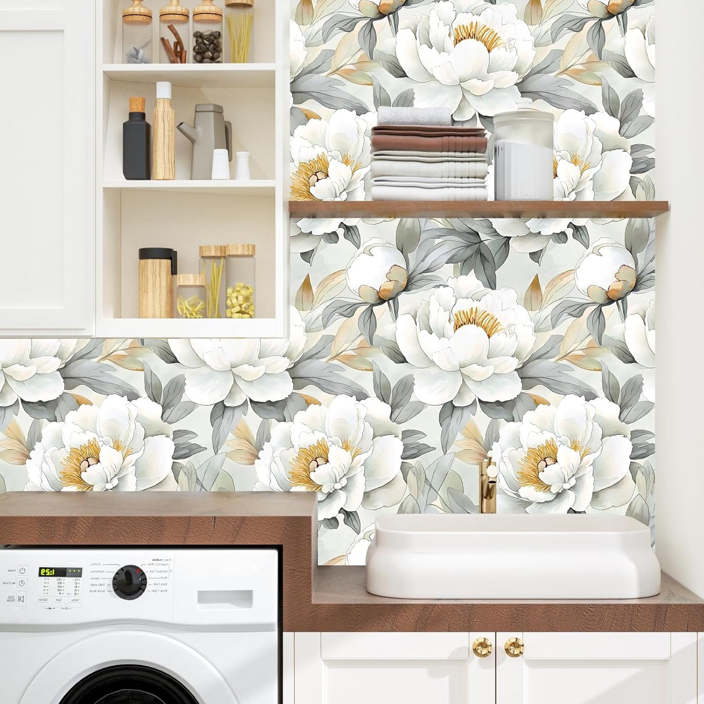 Papel tapiz removible floral blanco para pared y gabinete