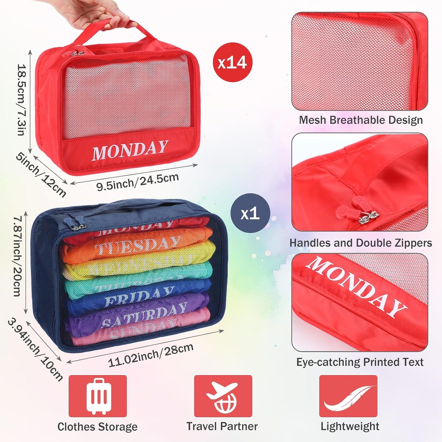 Cubos equipaje semanales 9x7x3pulg arco iris 15