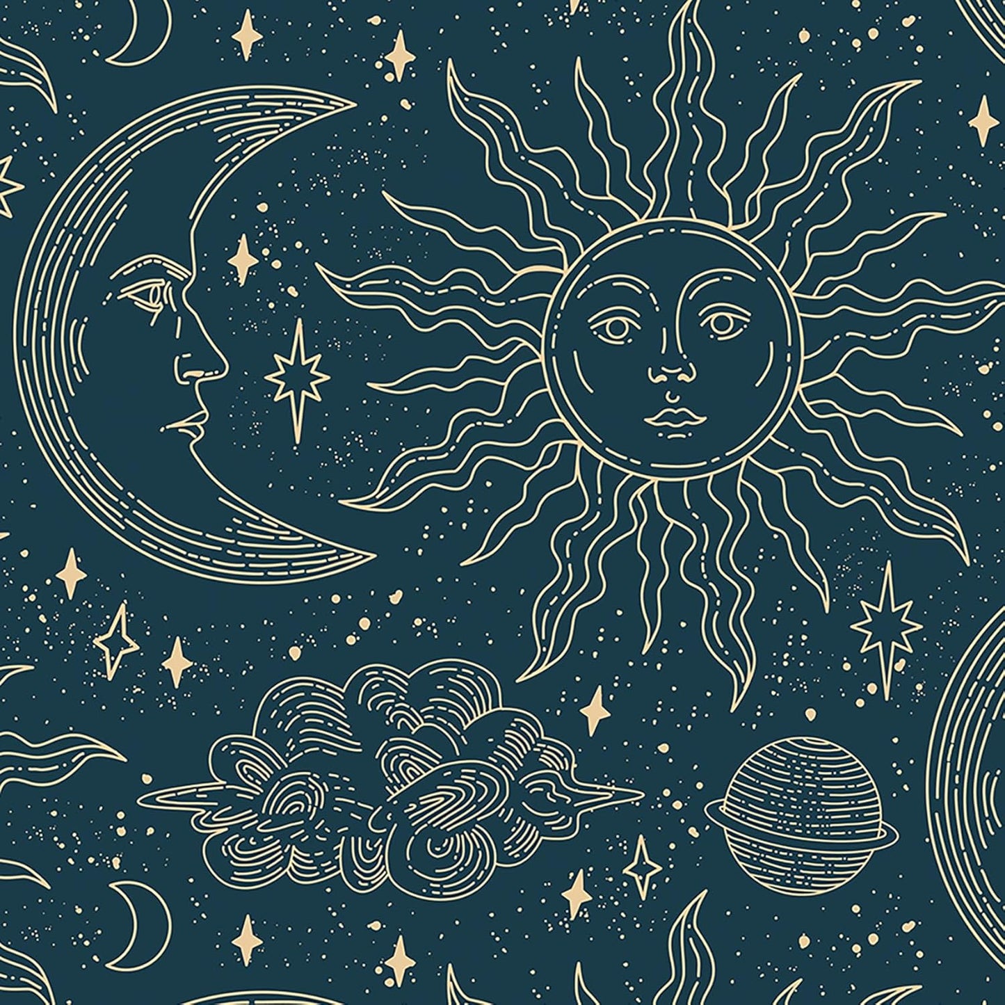 Papel tapiz celestial azul marino estrellas sol luna vintage
