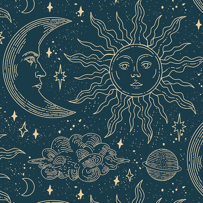 Papel tapiz celestial azul marino estrellas sol luna vintage