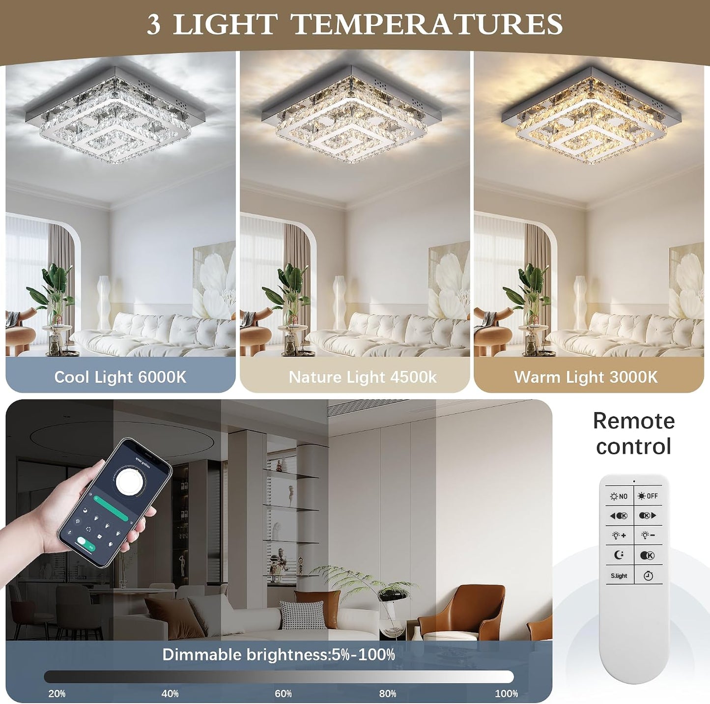 Lámpara techo LED cristal moderna 25pulg control remoto 3 colores