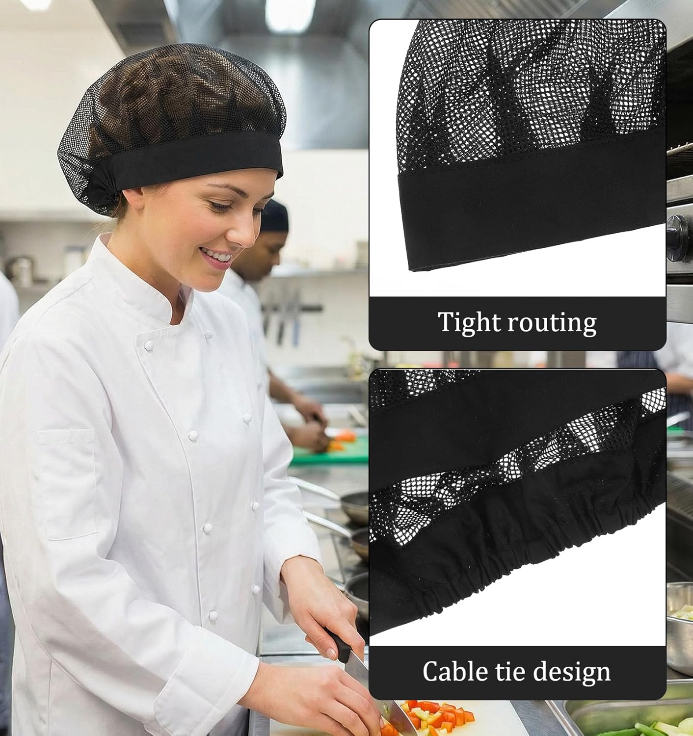 Redes elásticas para cabello sombrero chef negro reutilizable