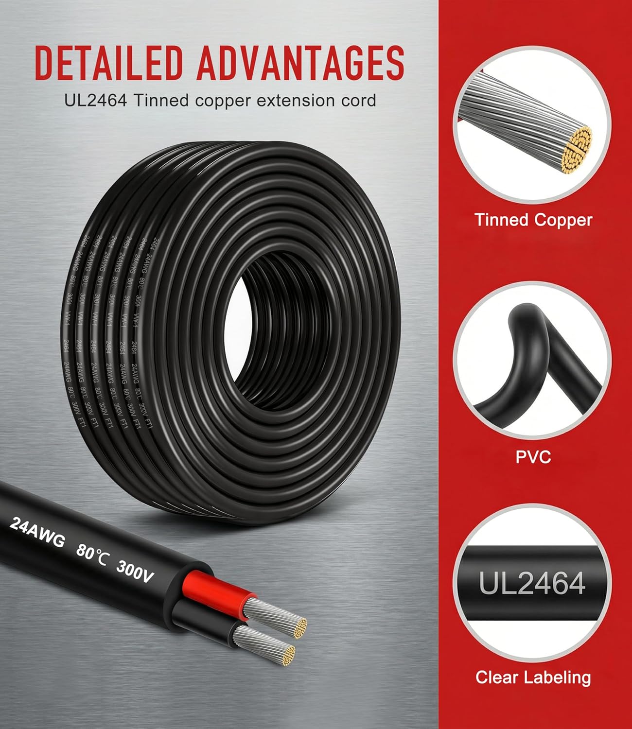 Cable eléctrico 24AWG 2 núcleos cobre estañado trenzado 26.25pies
