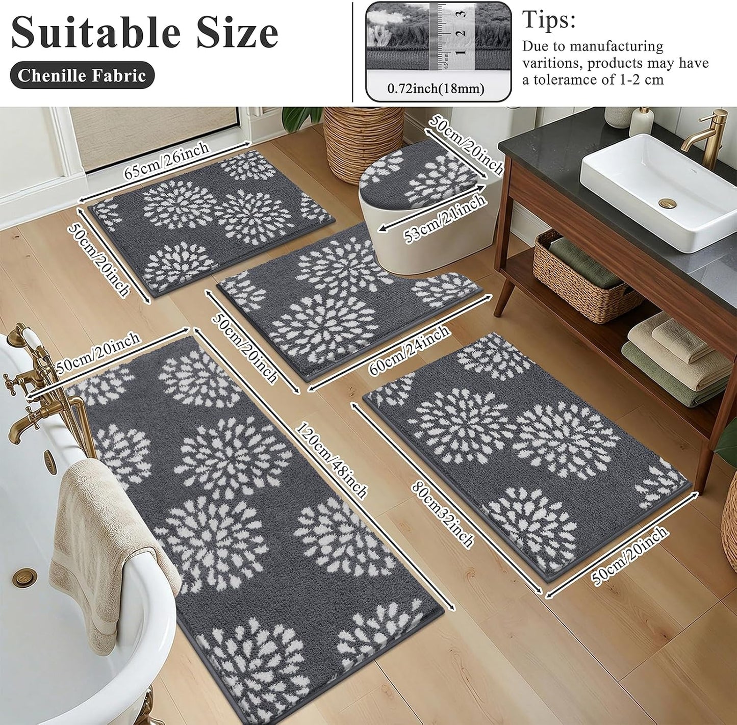 Set 5 Alfombras Baño Antideslizante Microfibra U-Shaped Gris Oscuro