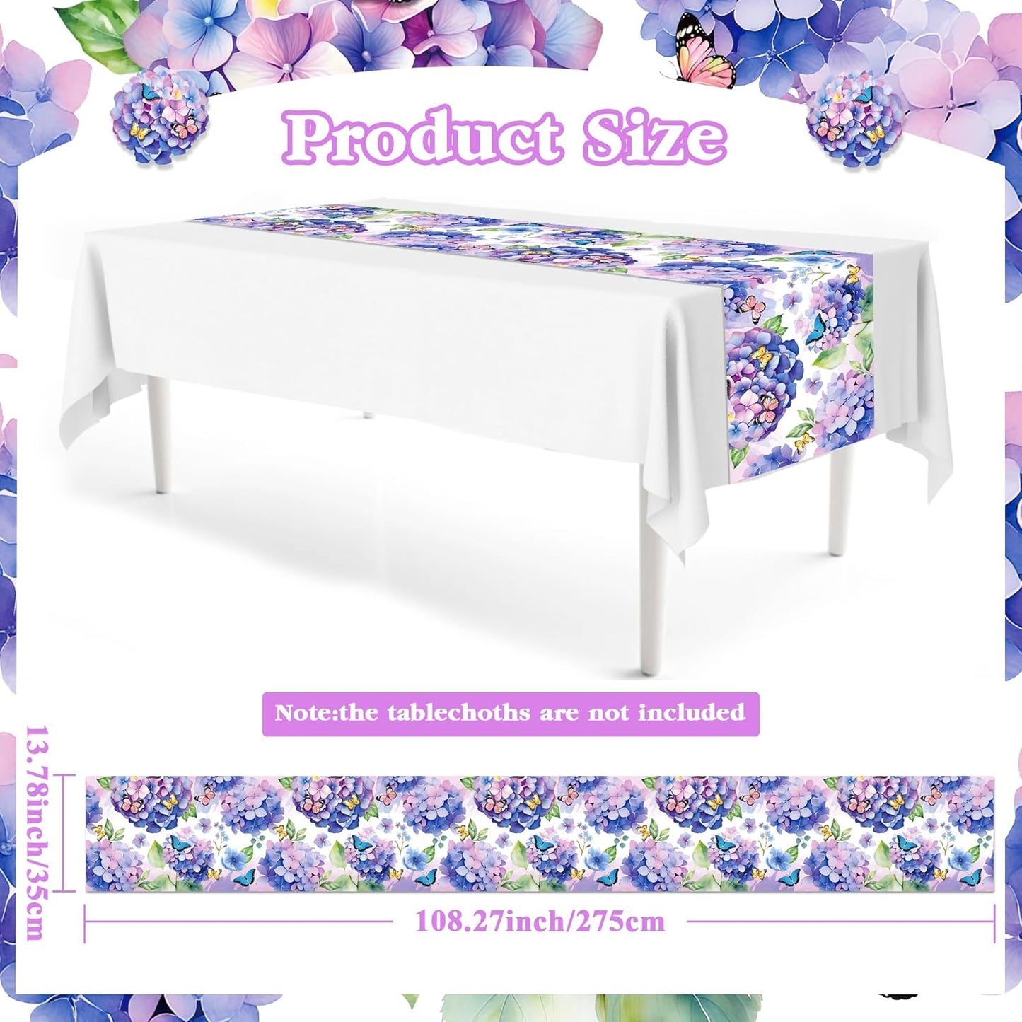 Caminos de mesa de plástico con hortensias moradas 14 x 108 pulgadas