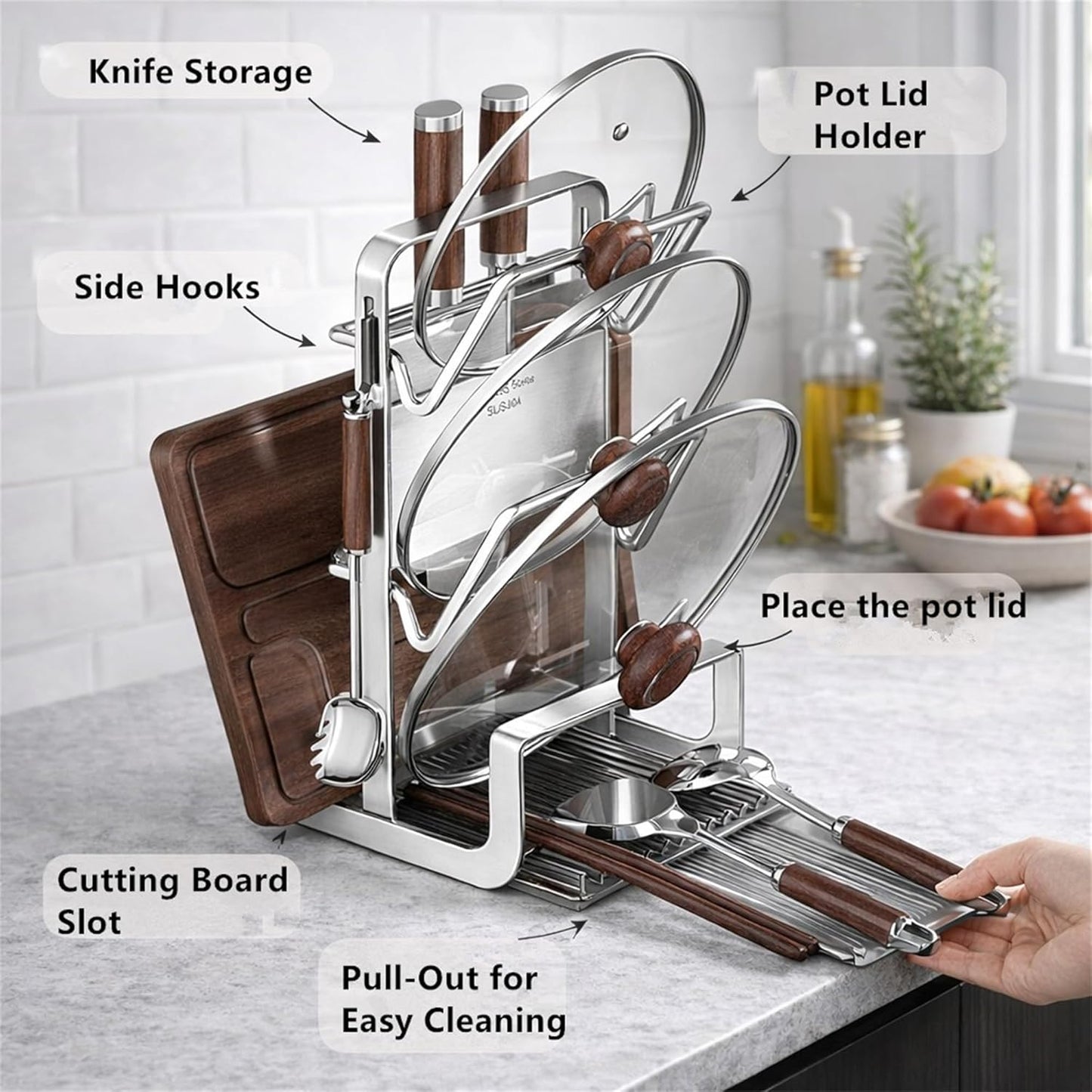 Organiz. tapas olla acero inox 2 niveles con tabla cortar