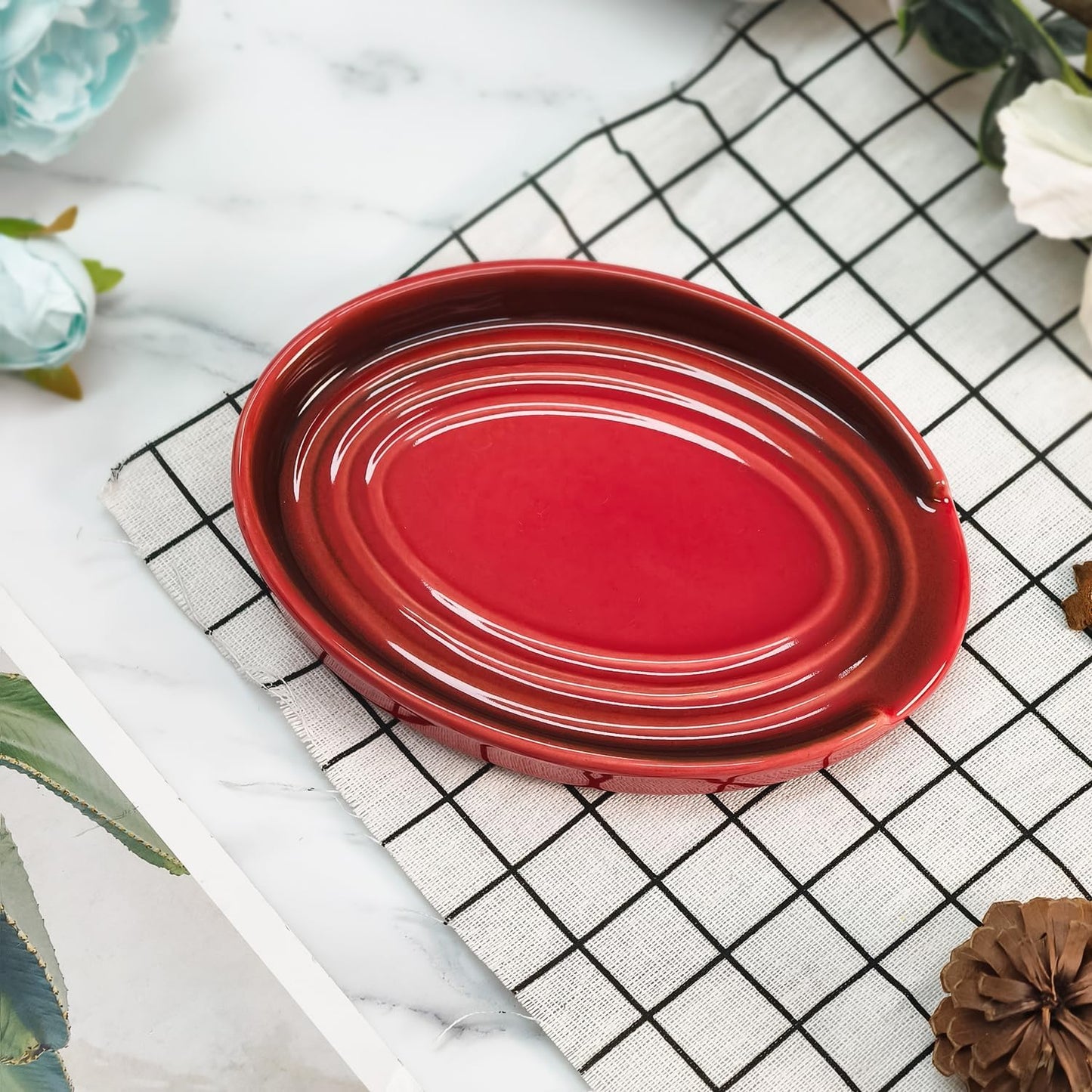 Soporte para cuchara cerámica rojo moderno de 6 pulgadas para encimera