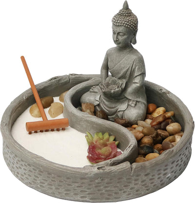 Kit jardín zen escritorio con loto, figuras buda y rocas arena