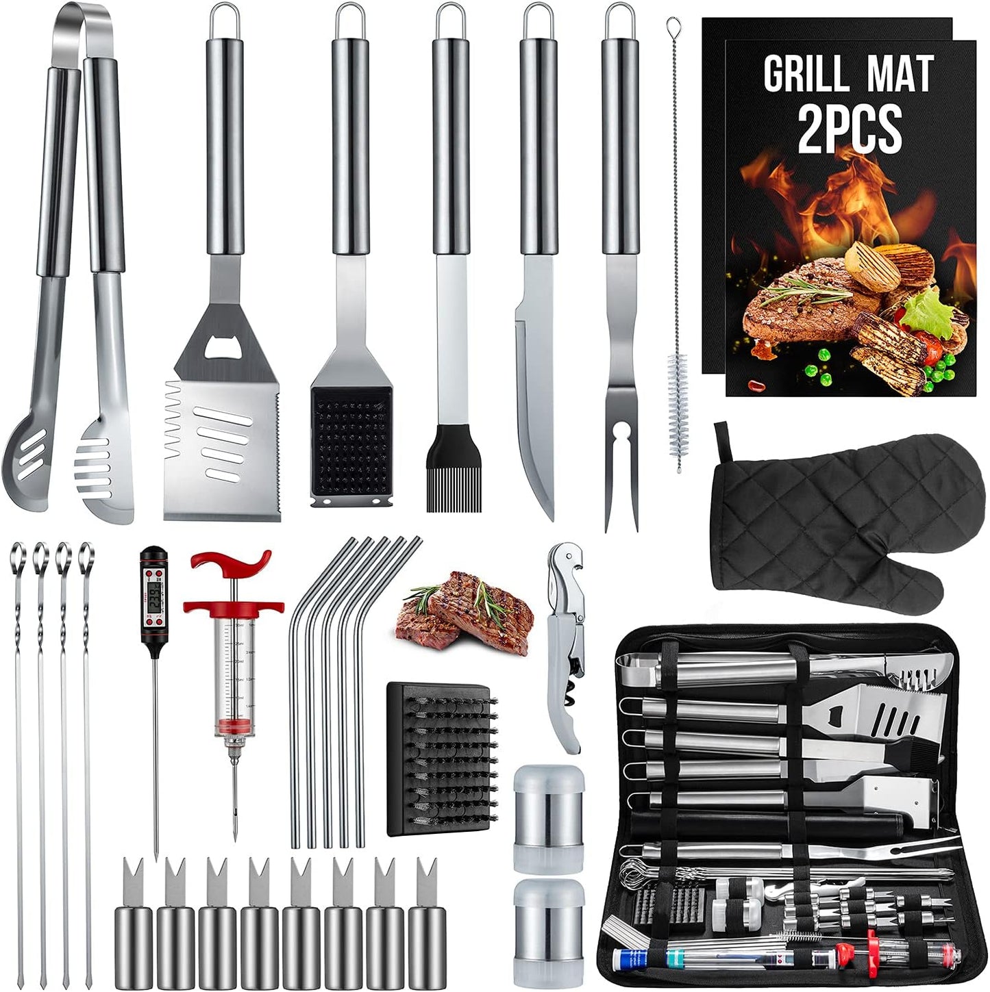 Set 34 herramientas parrilla acero inox plateado