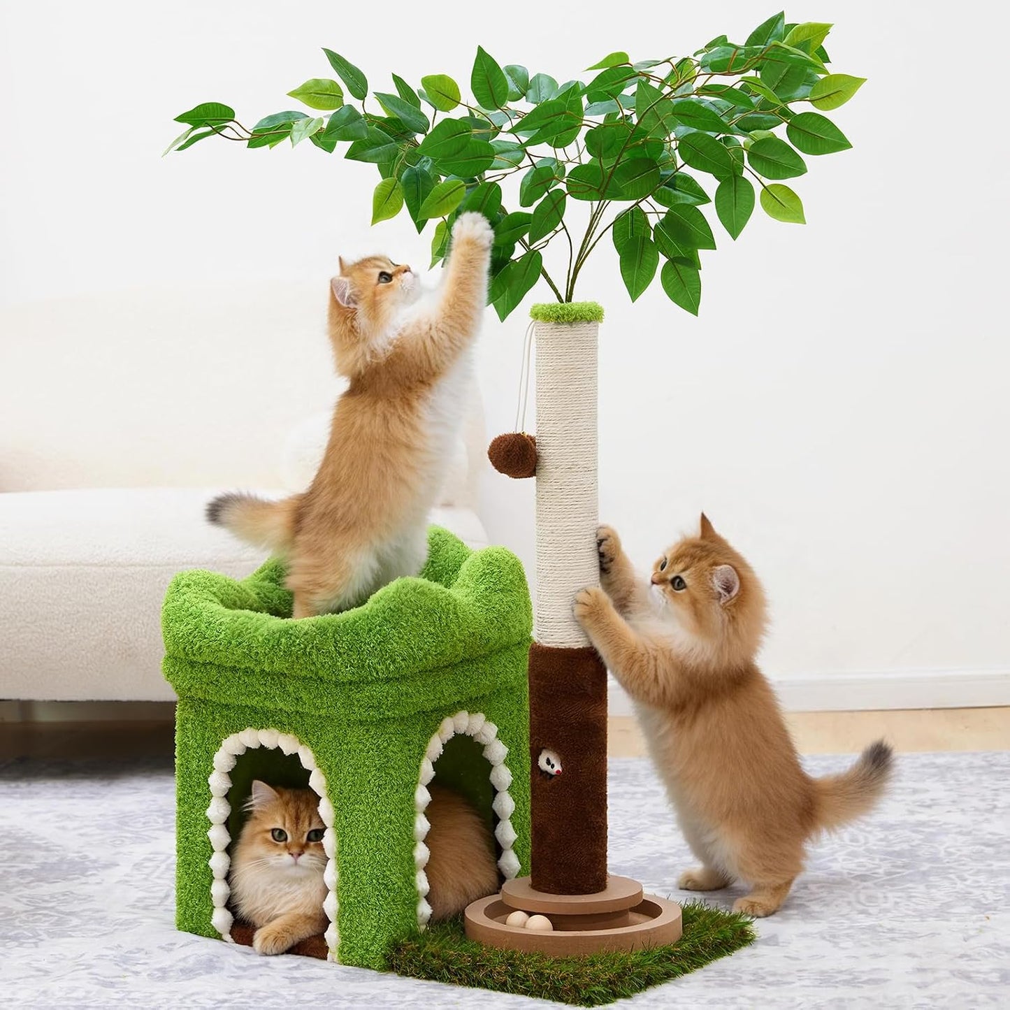 Árbol gatos con poste rascador y pista bolas torre verde