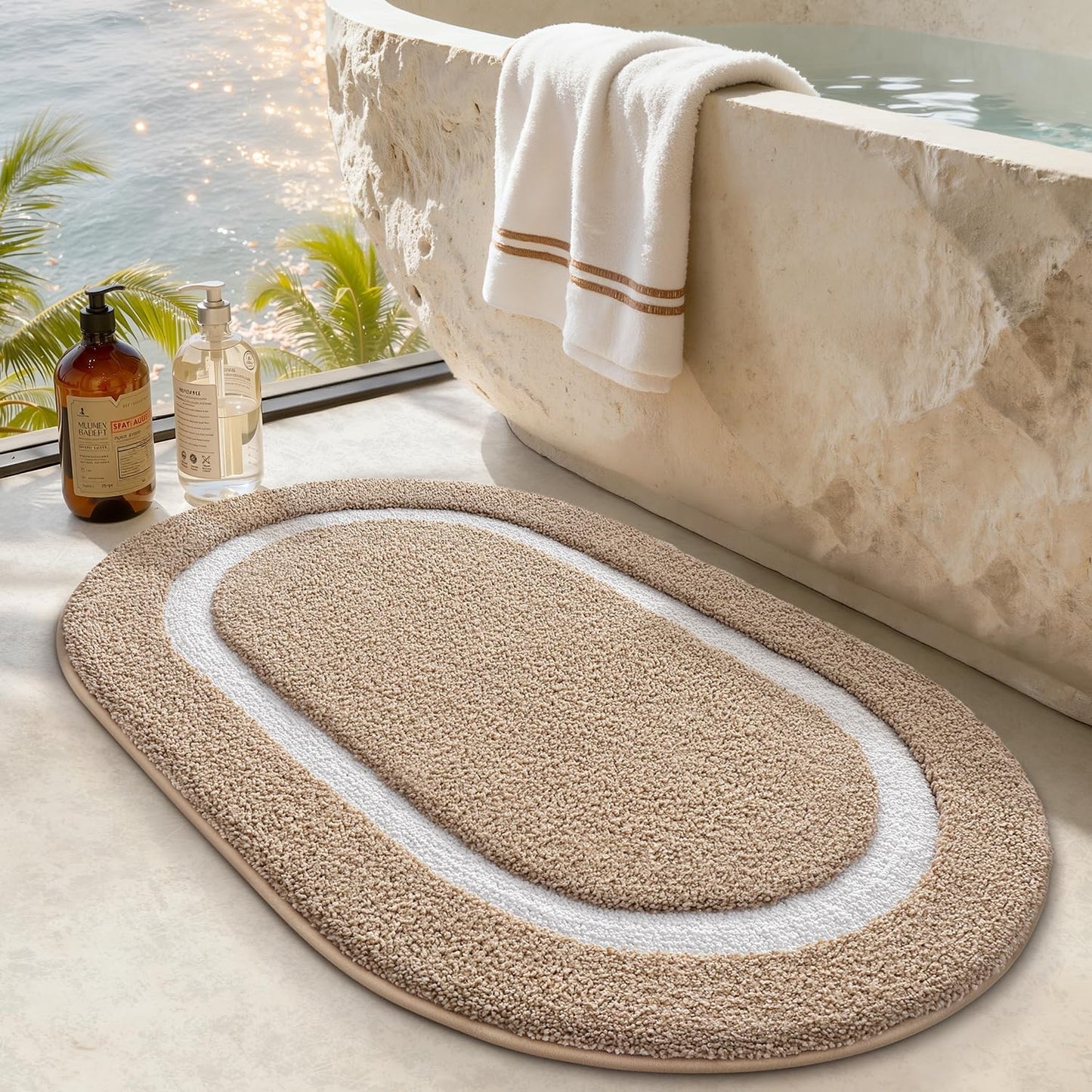Alfombra baño ovalada 20x32pulg antideslizante absorbente caqui