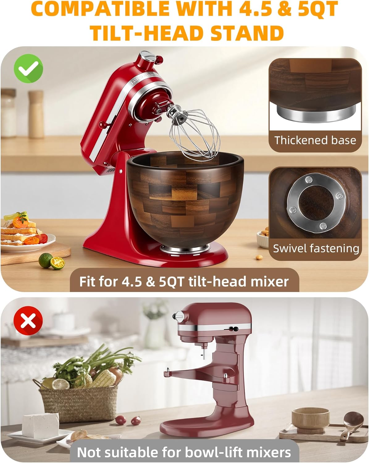 Tazón Mezclar Madera Nogal Comp KitchenAid 4.5-5qt Base Acero Inox