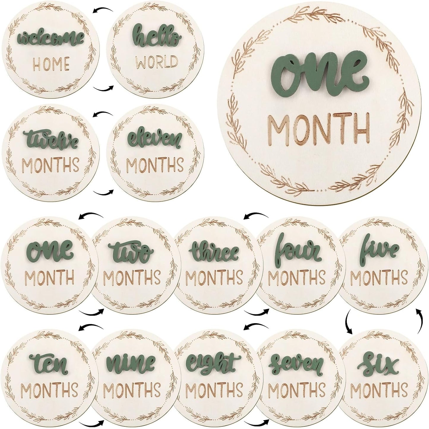 7 Tarjetas Hitos Bebé Doble Cara Madera 1-12 Meses