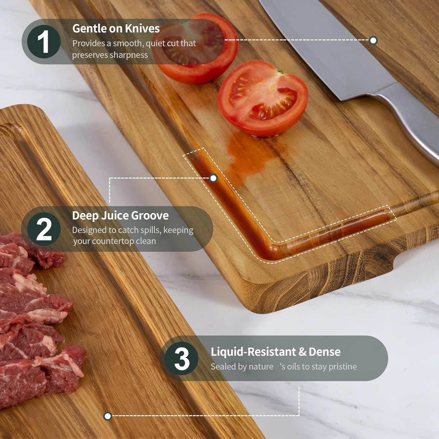 Set 3 Tablas Cortar Teca Soporte Ranura Profunda