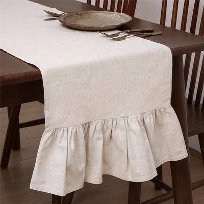 Camino de mesa bohemio de lino beige con volantes, decoración rústica para hogar