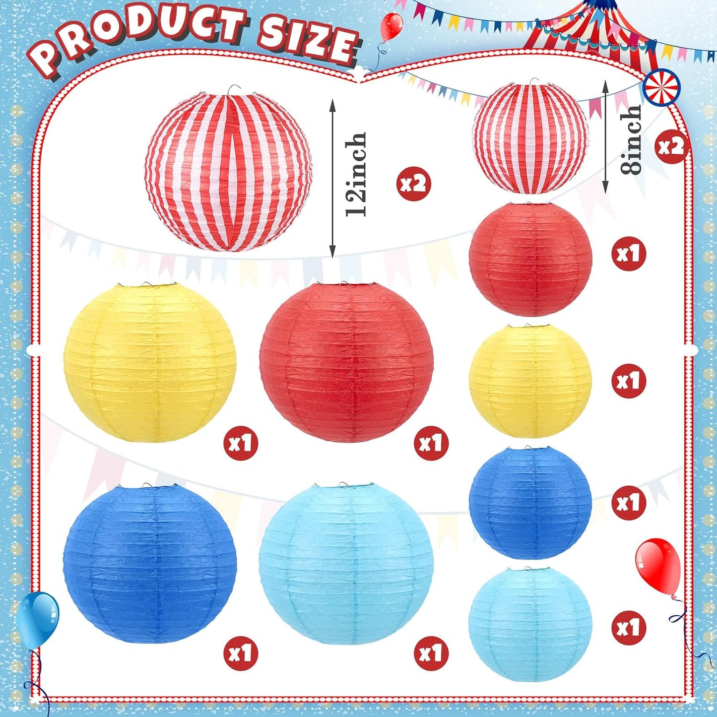 Set 12 Linternas Papel Circo Boda Fiesta Rojo Amarillo Azul