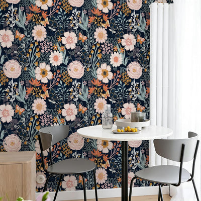 Papel tapiz floral bohemio azul oscuro 17x118pulg autoadhesivo