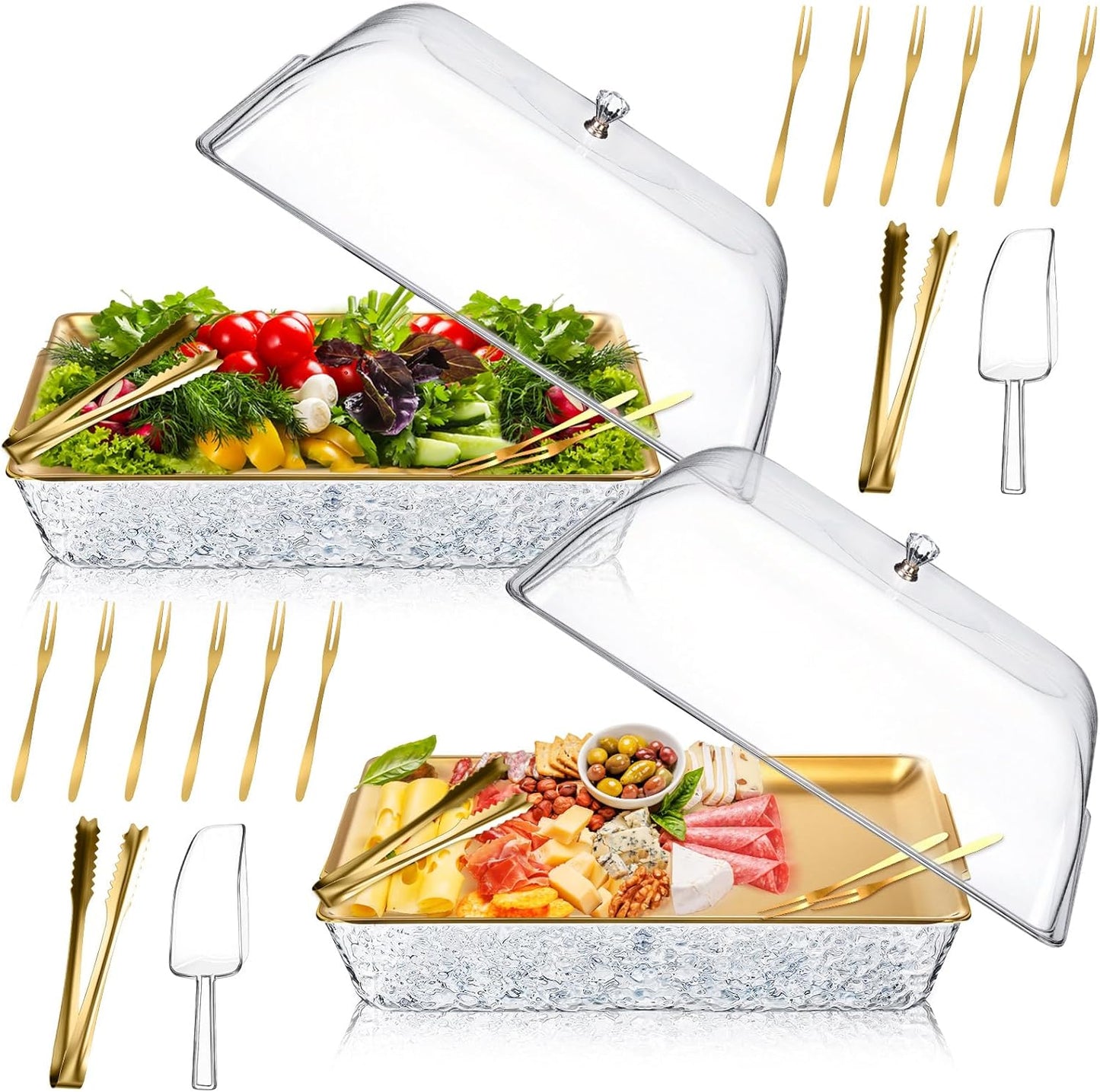 2 Set Bandejas Refrig. 16x9pulg Con Tapa Para Fiestas