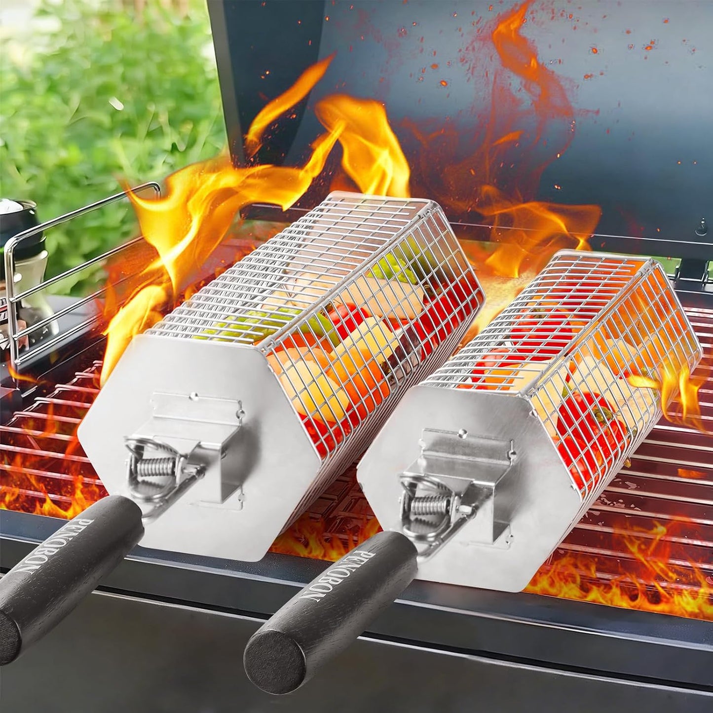 Set 2 Cestas Acero Inox para Parrilla con Asas Madera Anestable