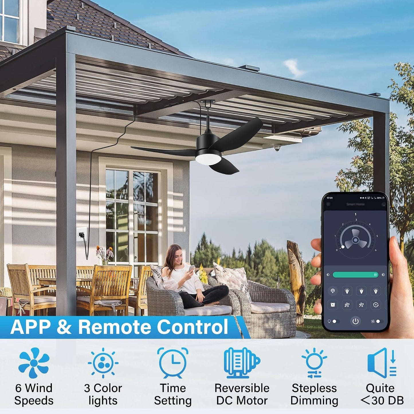 Ventilador techo impermeable 42pulg IP65 luces control app