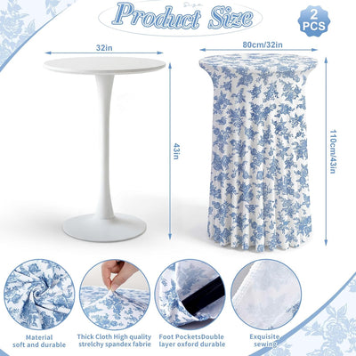 Mantel elástico redondo para mesa de cóctel 32 x 43 pulgadas azul floral