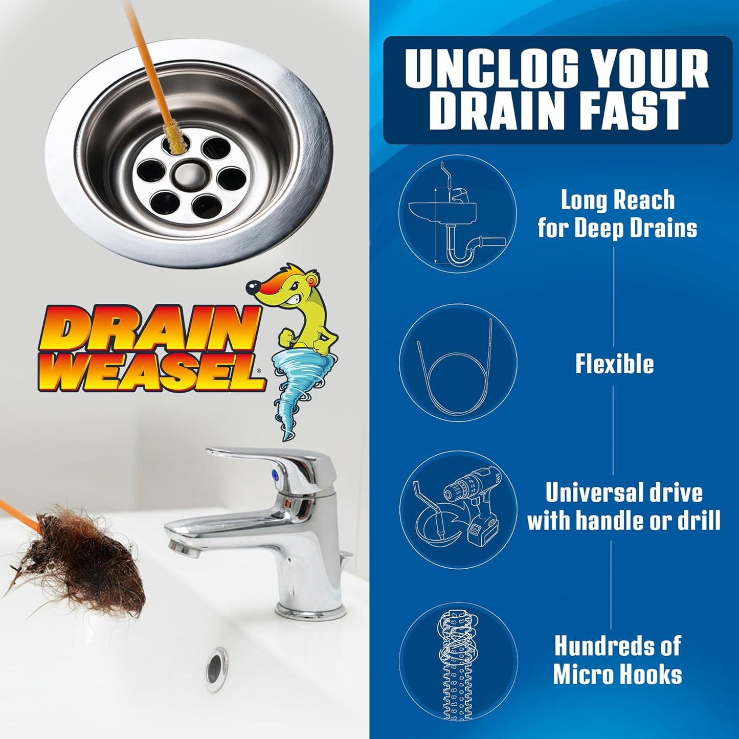 Herramienta FlexiSnake para obstrucciones pelo baño con taladro