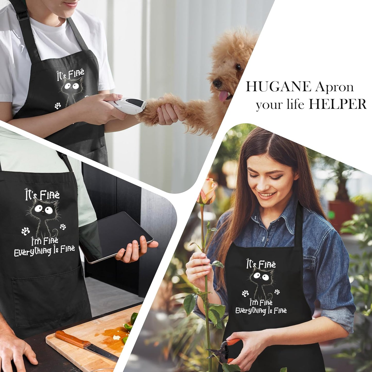 Delantal de gato negro con bolsillos, todo bien ajustable para cocina
