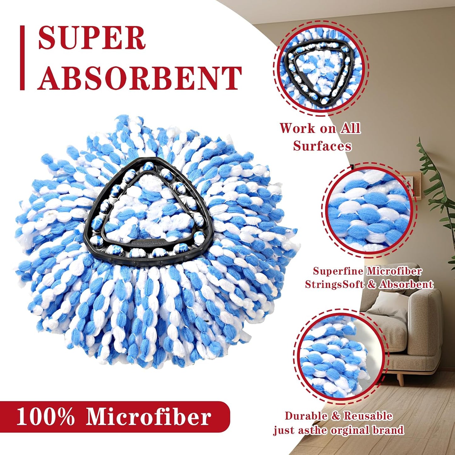 2 Pzas Cabezales Fregona Giratoria Microfibra para Baño Cocina