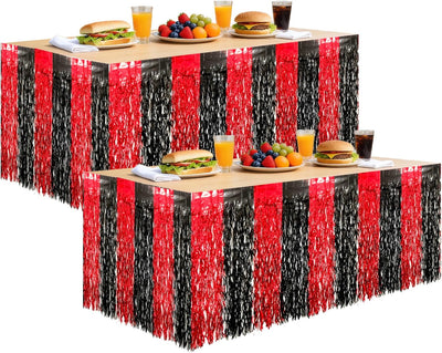 Paquete de 2 faldas de mesa onduladas de papel aluminio oropel metálico color rojo y negro