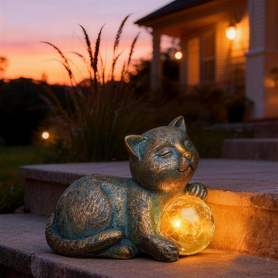 Estatua gato solar con luz LED impermeable decoración exterior