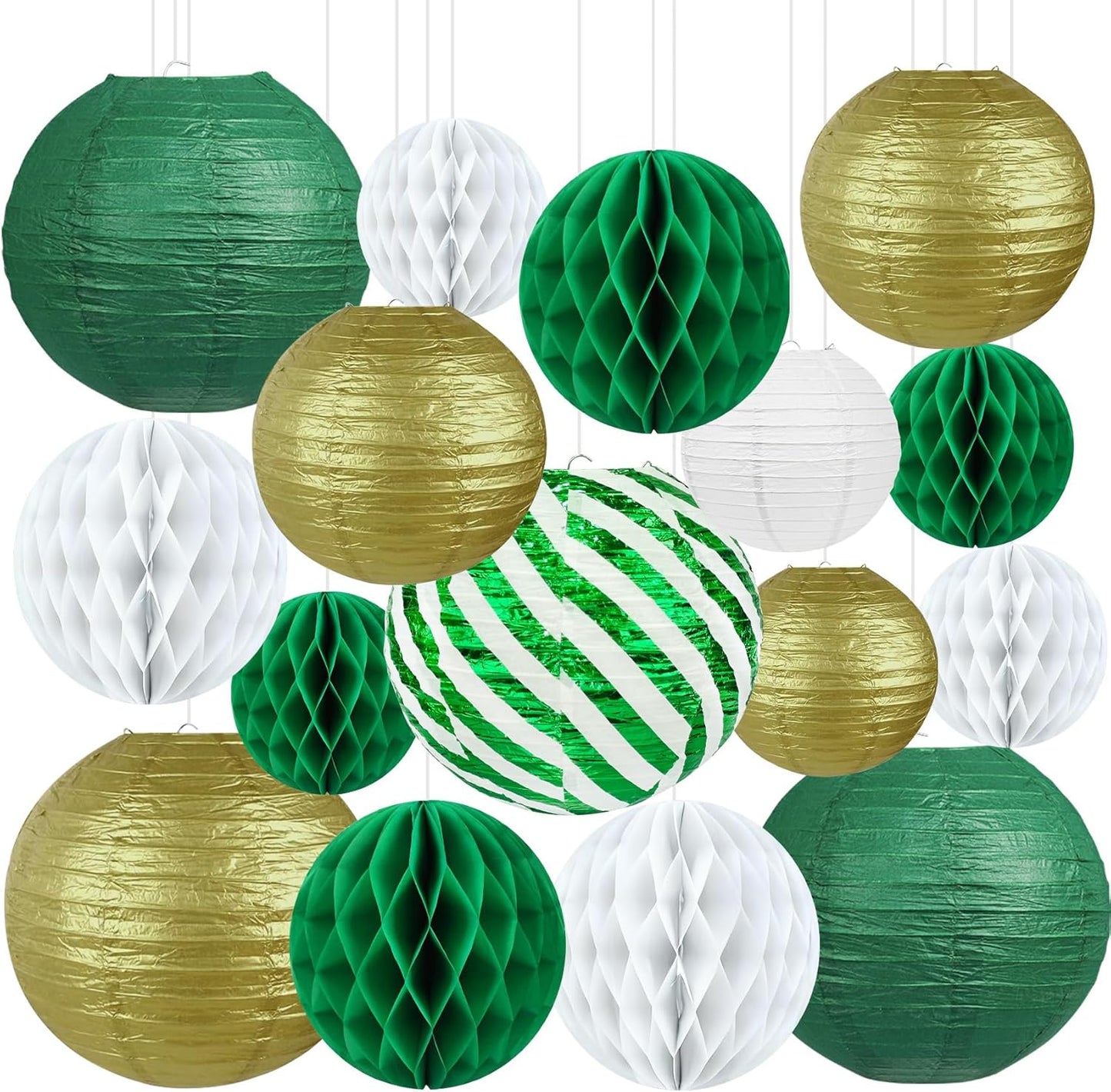 16 Linternas Papel Verde Dorado Bolas Panal Decoración