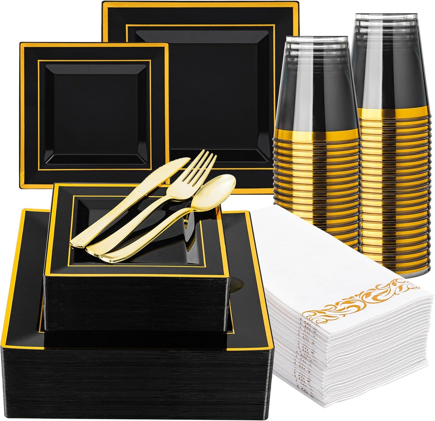 Set 50 Pzas Vajilla Plástico Negro Dorado Tenedores Cucharas Cuchillos