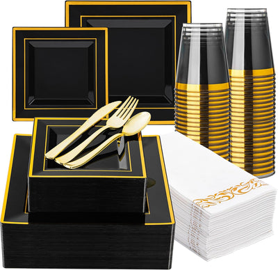 Set 50 Pzas Vajilla Plástico Negro Dorado Tenedores Cucharas Cuchillos