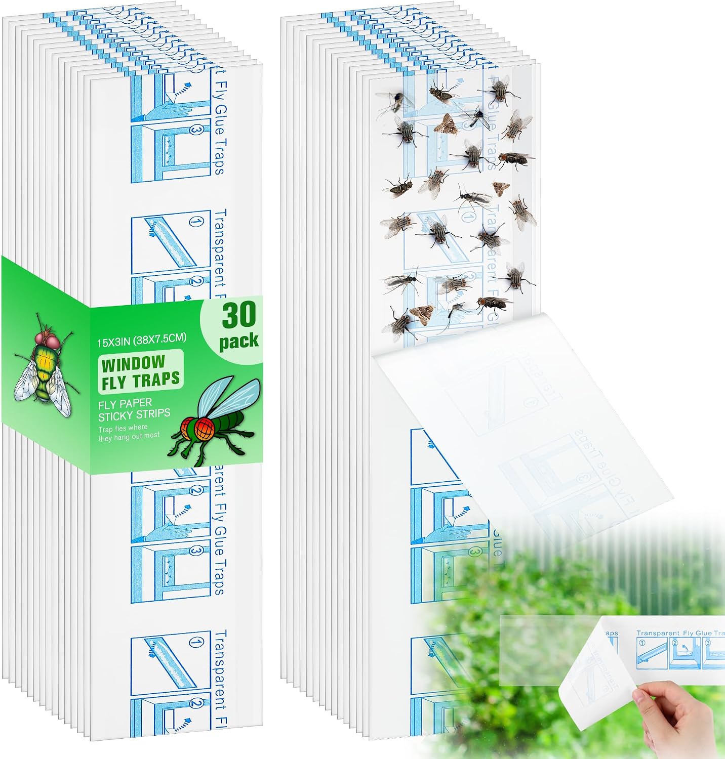 30 Trampas Moscas Ventana XL Adhesivas Transparentes