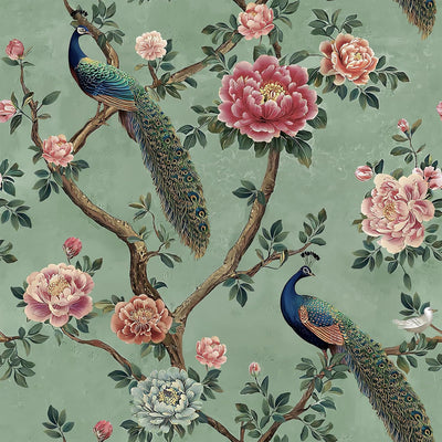 Papel tapiz floral chinoiserie 17x118pulg verde salvia