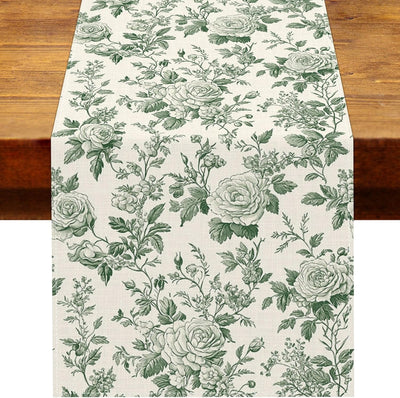 Camino mesa floral peonía verde vintage Toile de Jouy decoración