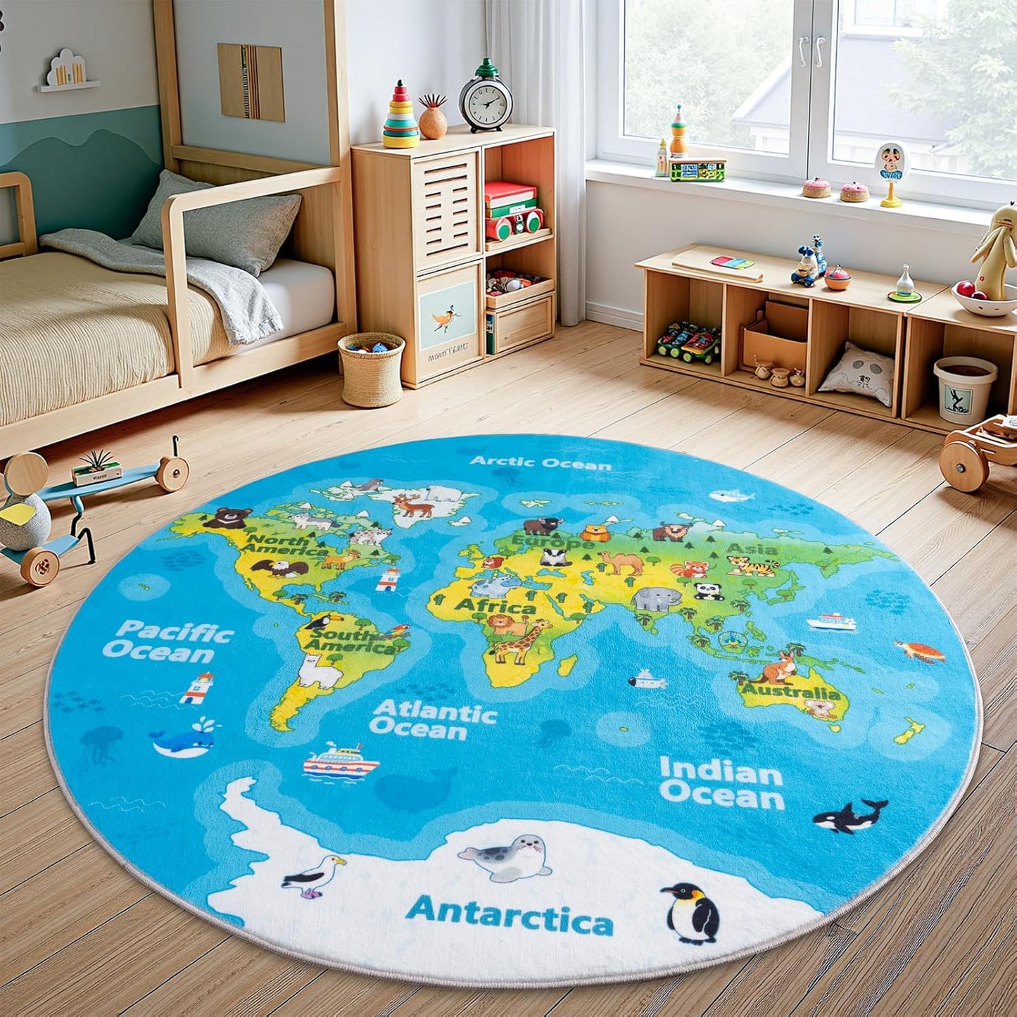 Alfombra educativa mapa mundo 4x4ft con animales