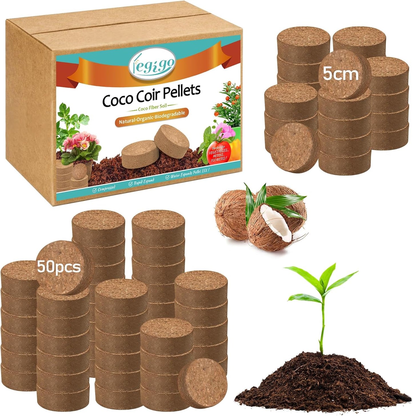 50 Pzas Pellets Coco 1.969pulg Tierra para Macetas