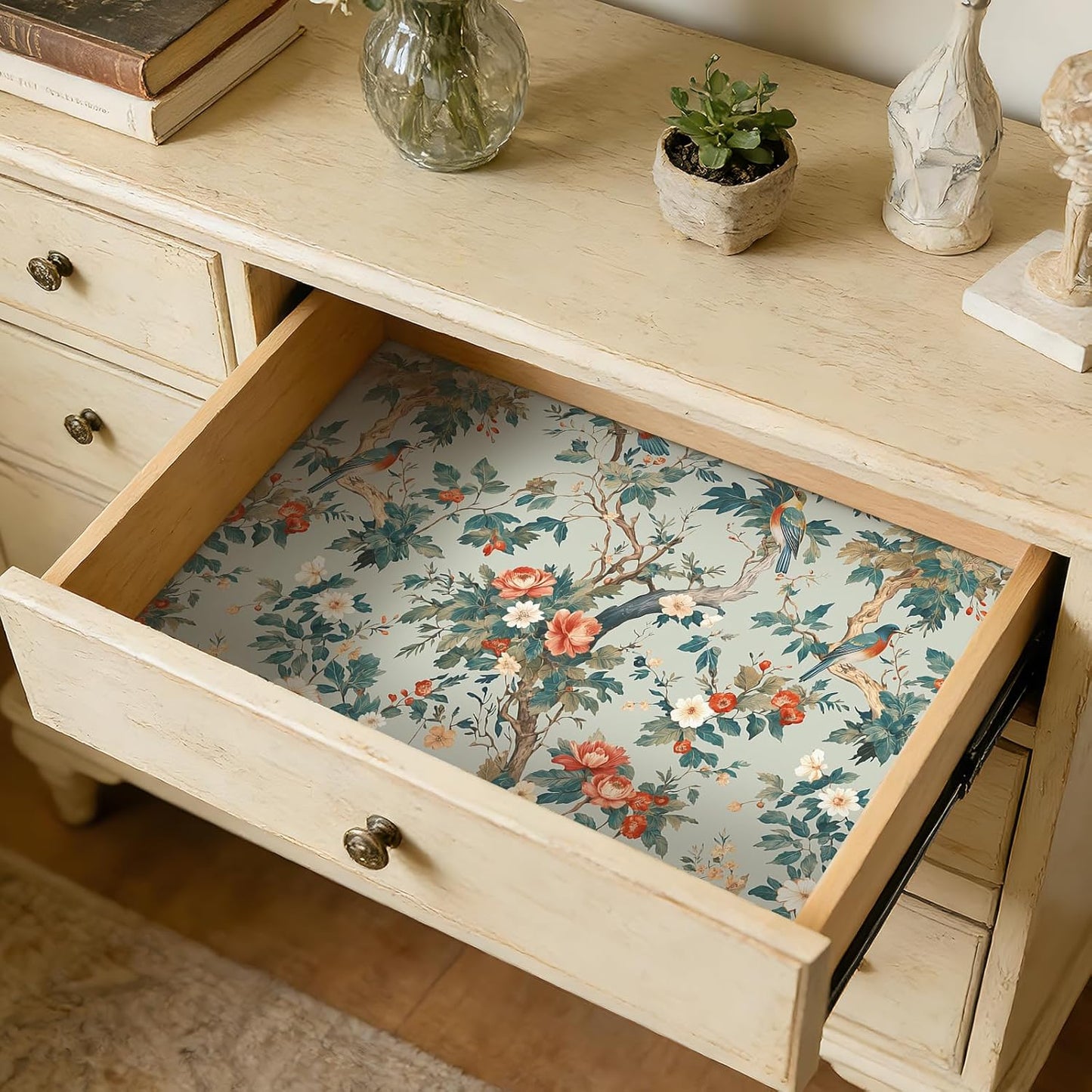 Papel tapiz chinoiserie azul verde pájaros flores 17.5x80pulg