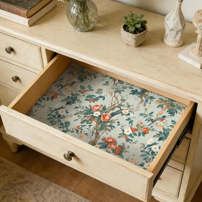 Papel tapiz chinoiserie azul verde pájaros flores 17.5x80pulg