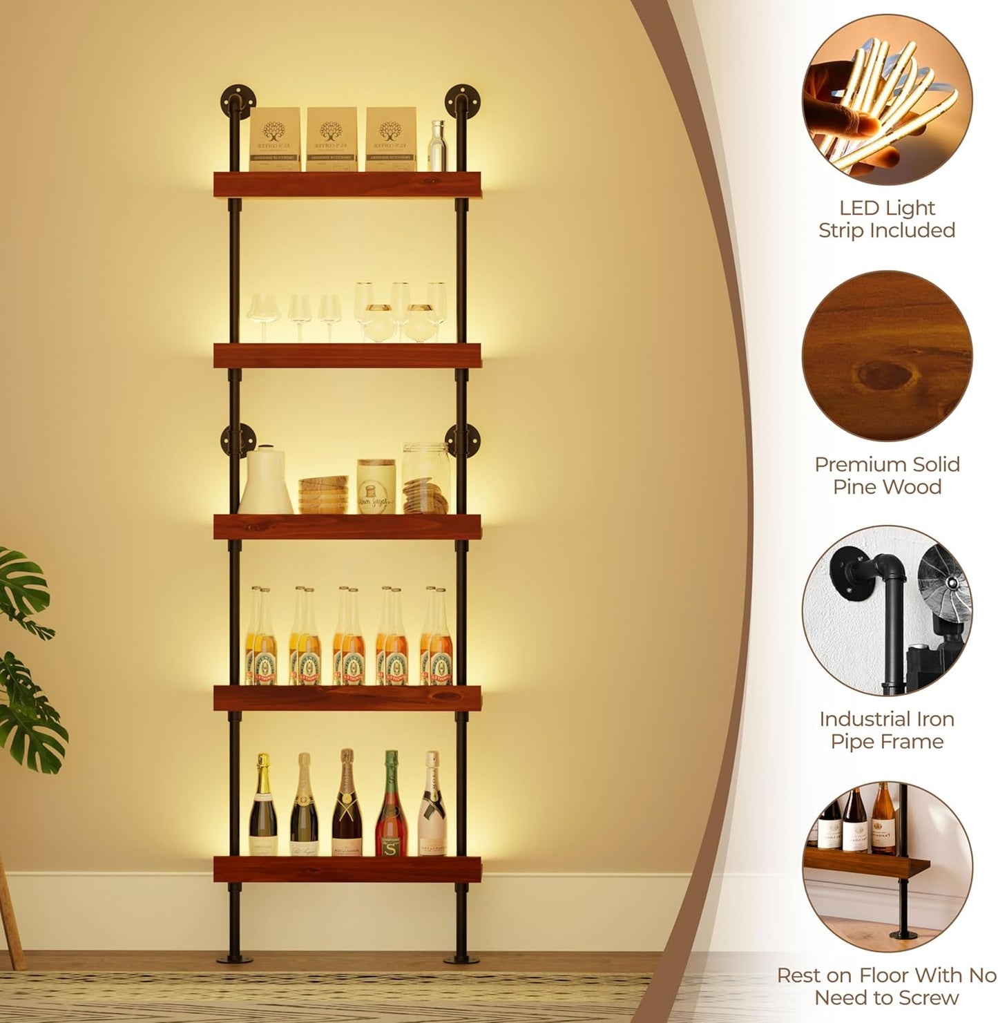 Estante vino pared con luz LED 5 niveles rústico