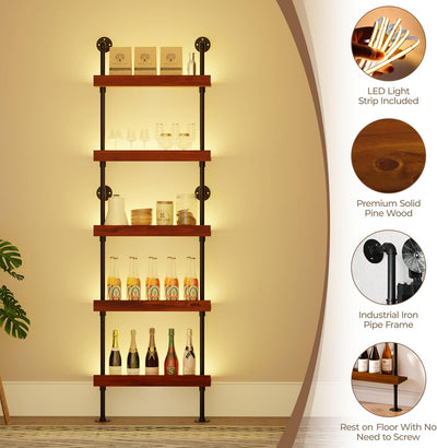 Estante vino pared con luz LED 5 niveles rústico